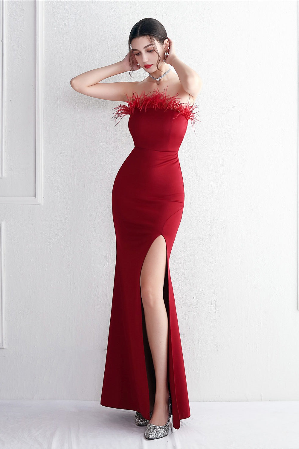 Feather Trim Strapless High Split Mermaid Gown 34