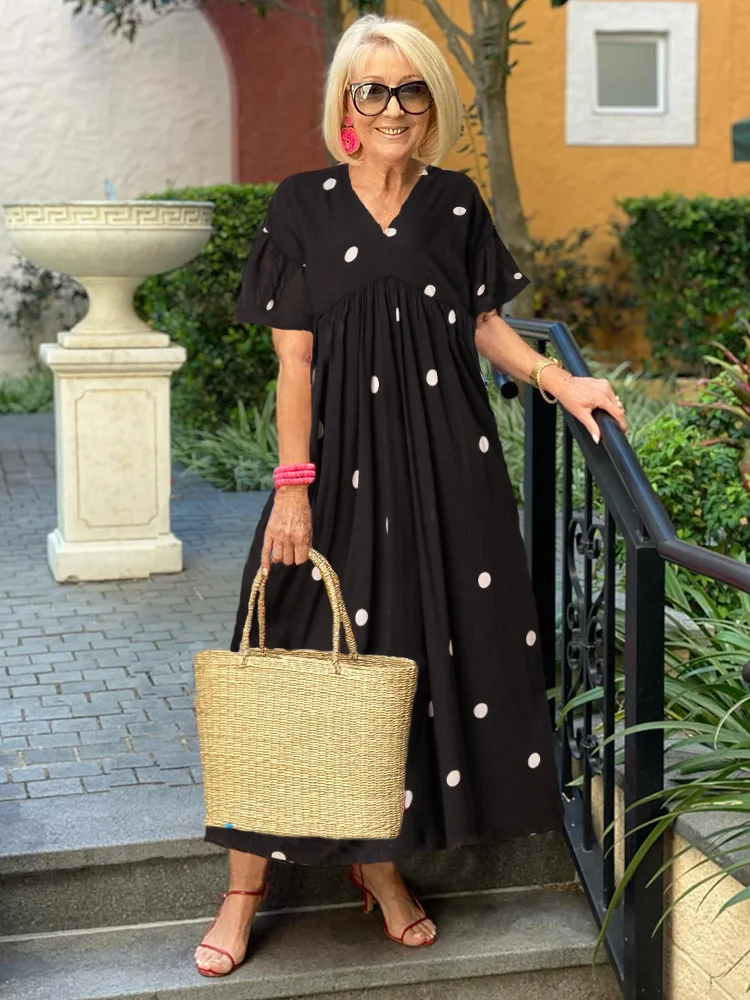 Polka Dot Flutter Sleeve Empire Waist Flowy Maxi Summer Dress - View 2