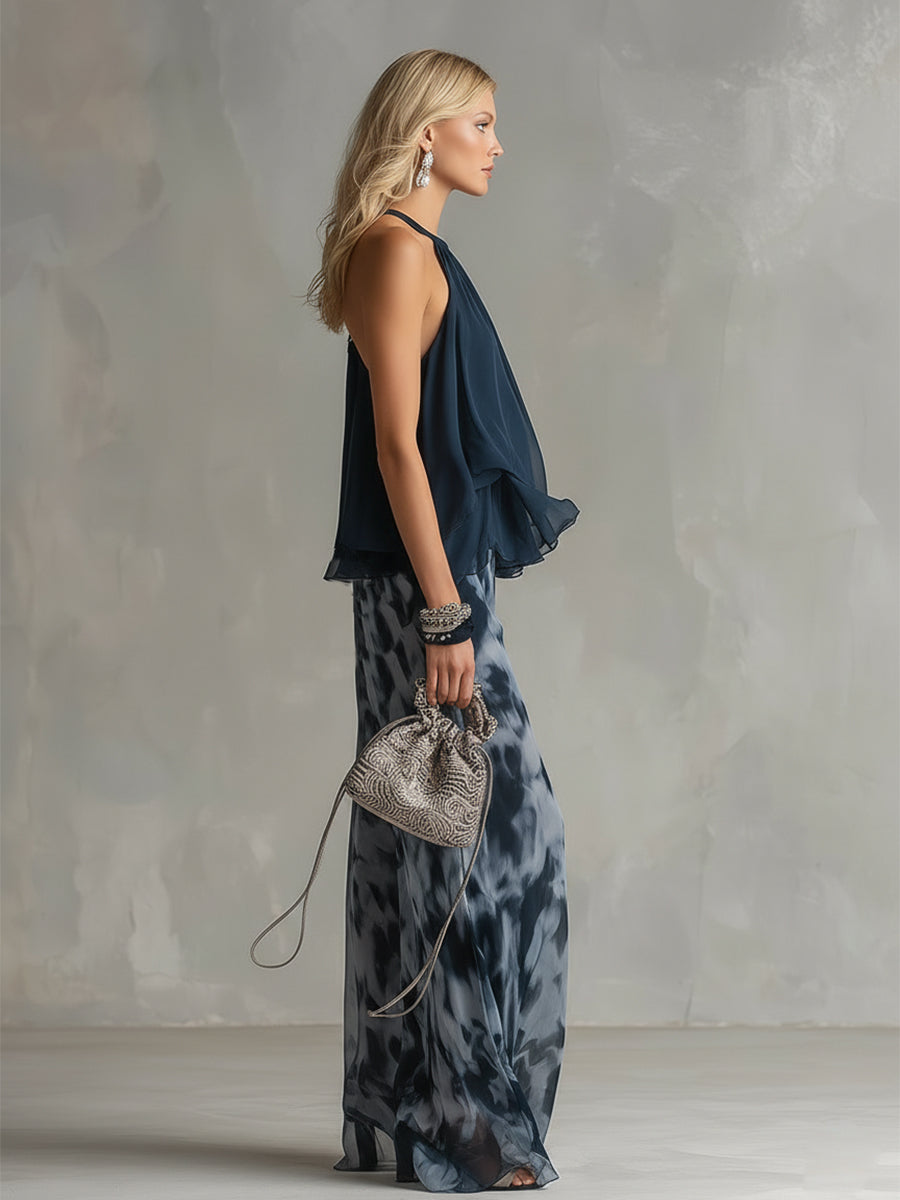 Halter Neck Cold Shoulder Ruffle Top and Printed Wide Leg Pants Two Piece Set 4