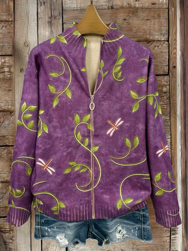 Dragonfly Vine Print Mock Neck Zip Front Knit Cardigan 3