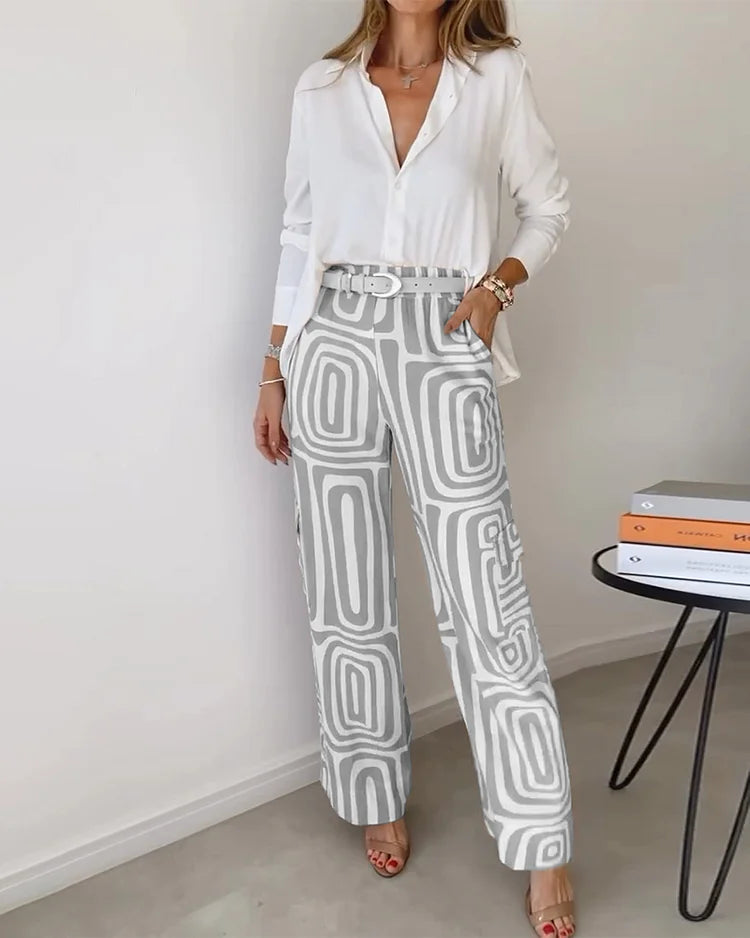 Button Front Shirt and Geometric Print Wide Leg Pants Two Piece Set
