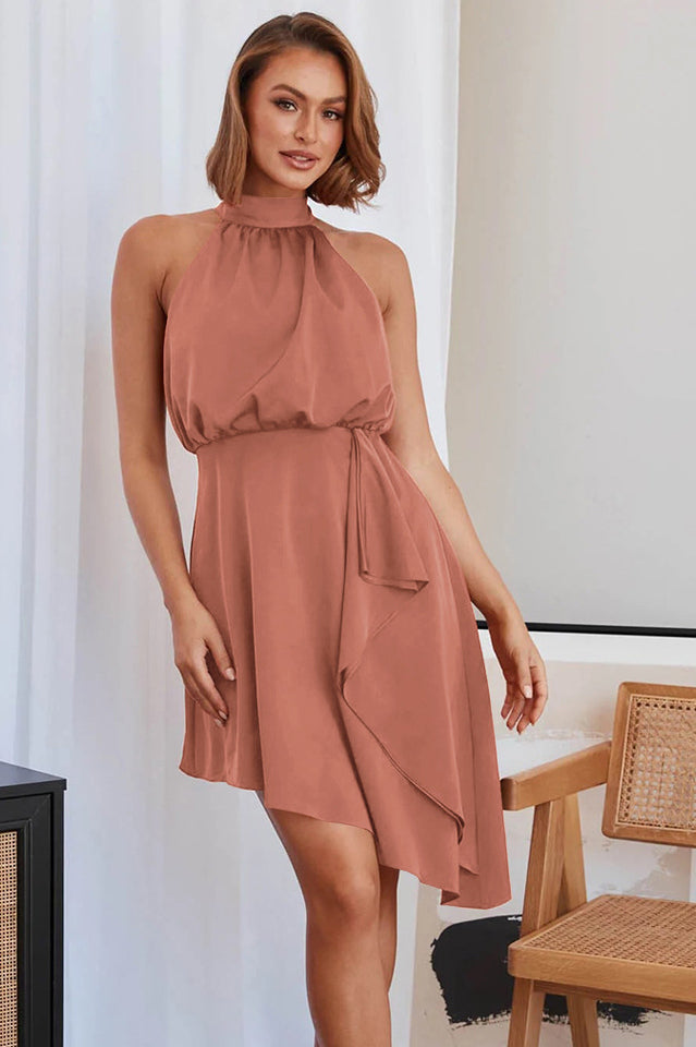 Halter Neck Sleeveless Asymmetric Handkerchief Hem Midi Dress 15