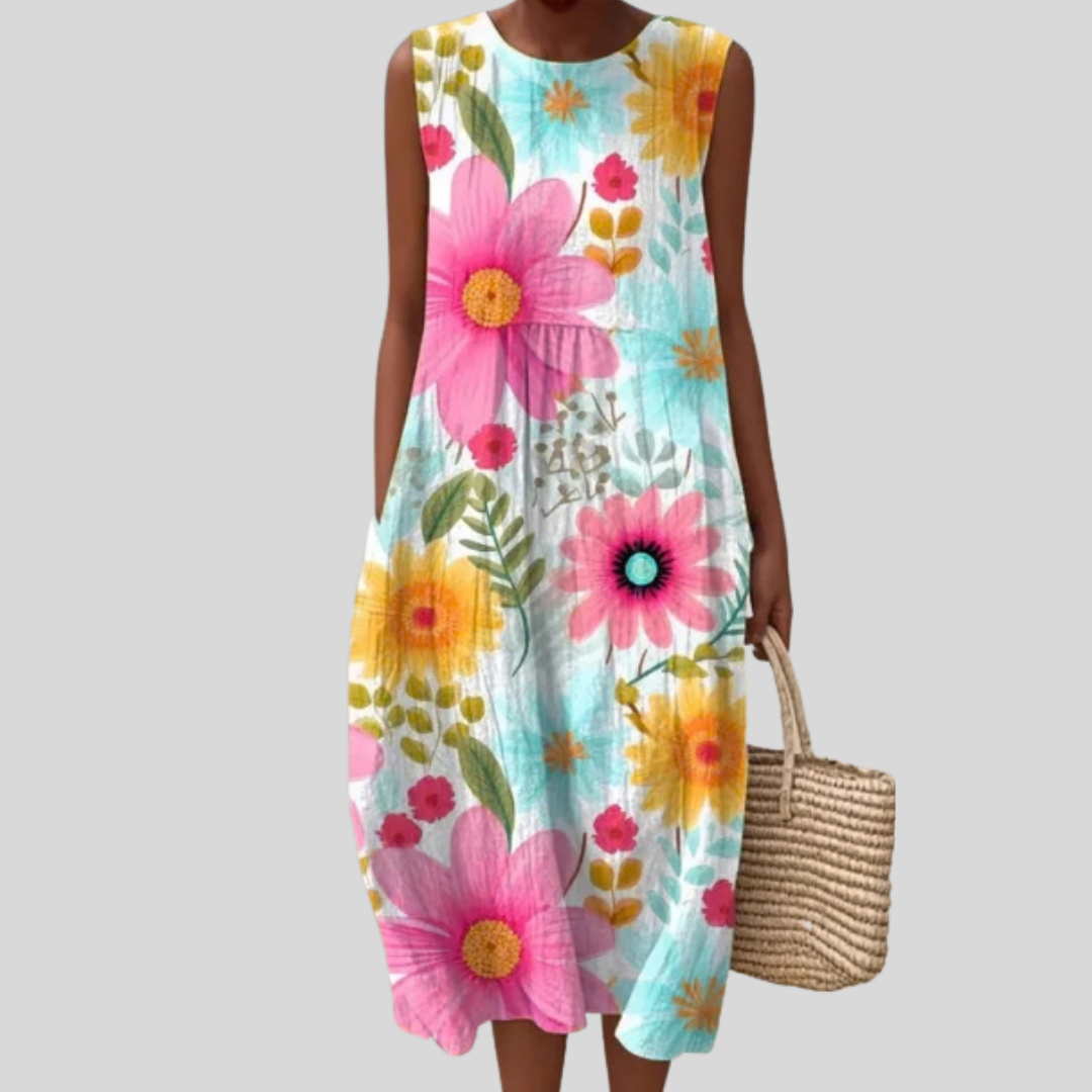 Round Neck Sleeveless Floral Print Cocoon Midi Dress
