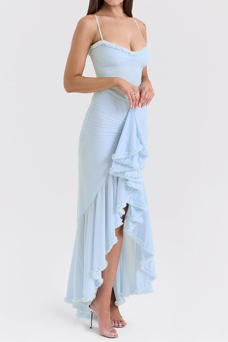 Spaghetti Strap Ruffle Trim High Low Asymmetrical Mini Party Dress - View 17