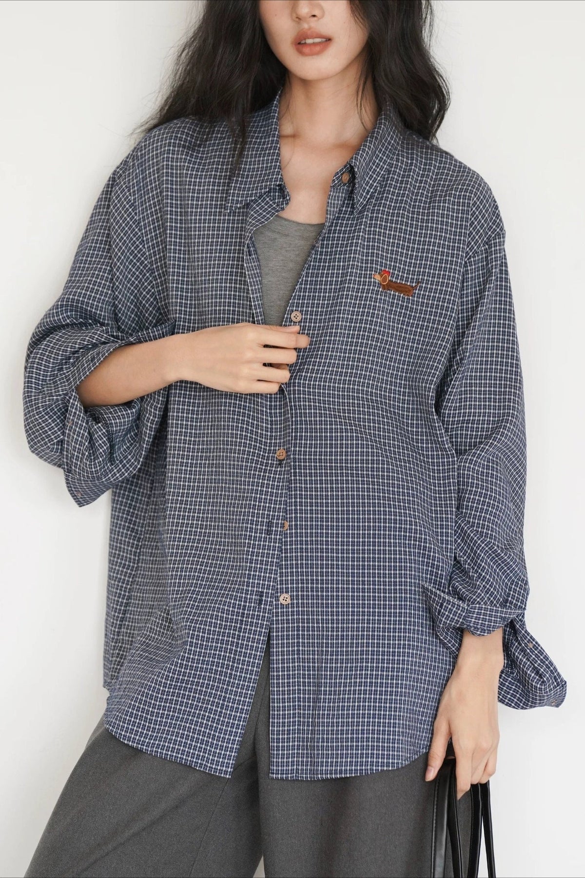 Checked Collared Long Sleeve Dog Embroidered Oversized Shirt 2