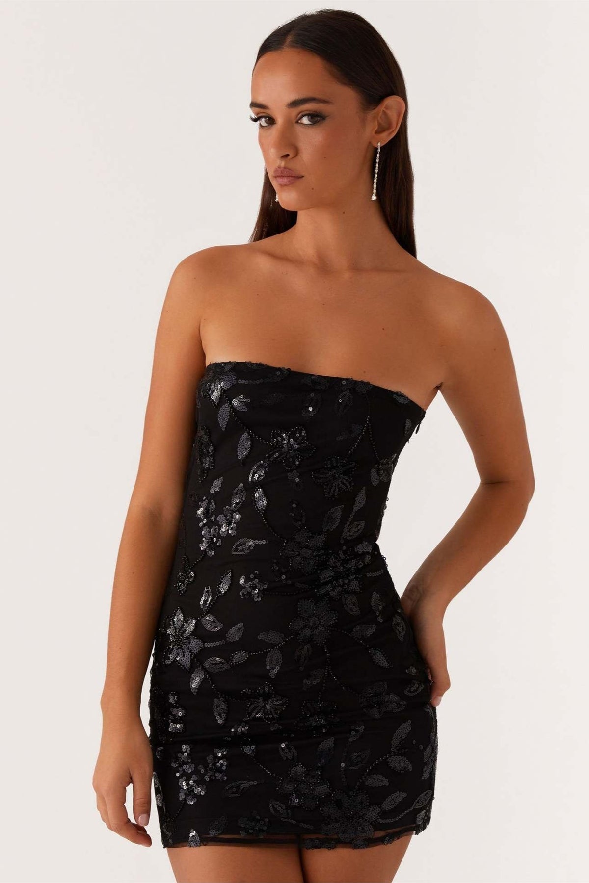 Floral Sequin Strapless Ruched Bodycon Mini Dress - View 16