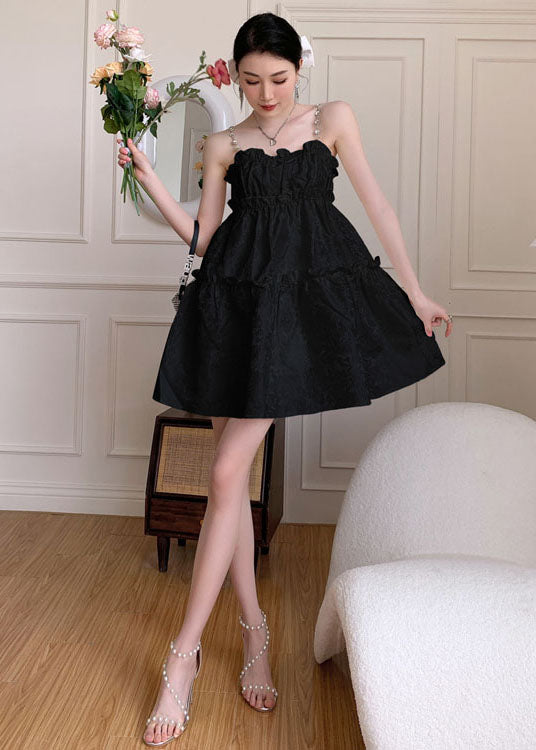 Jacquard Spaghetti Strap Pearl Rhinestone Ruffle Neck Mini Dress - View 4
