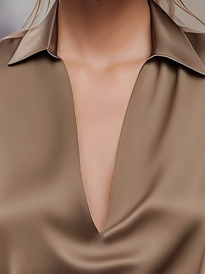 Collared Deep V-Neck Long Sleeve Satin Blouse 29