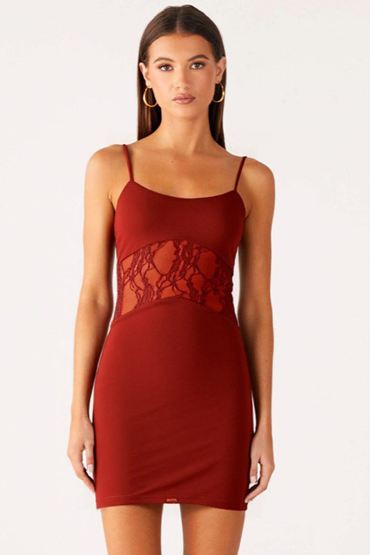 Scoop Neck Spaghetti Strap Lace Cut Out Bodycon Mini Dress 8