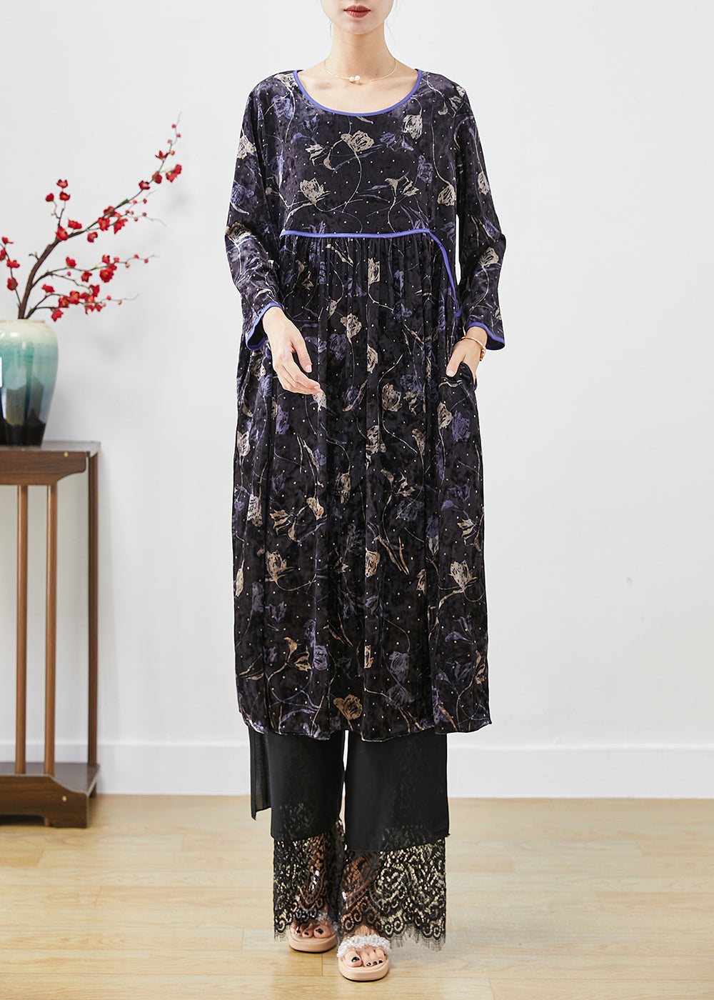 Velvet Floral Print Empire Waist Long Sleeve Lace Hem Set - View 3