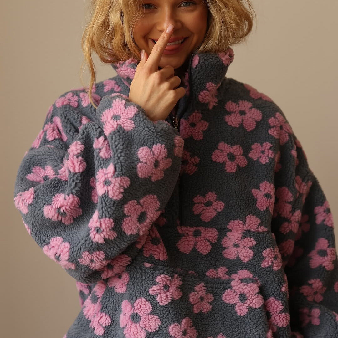 Floral Sherpa Fleece Collared Half Zip Pullover 7