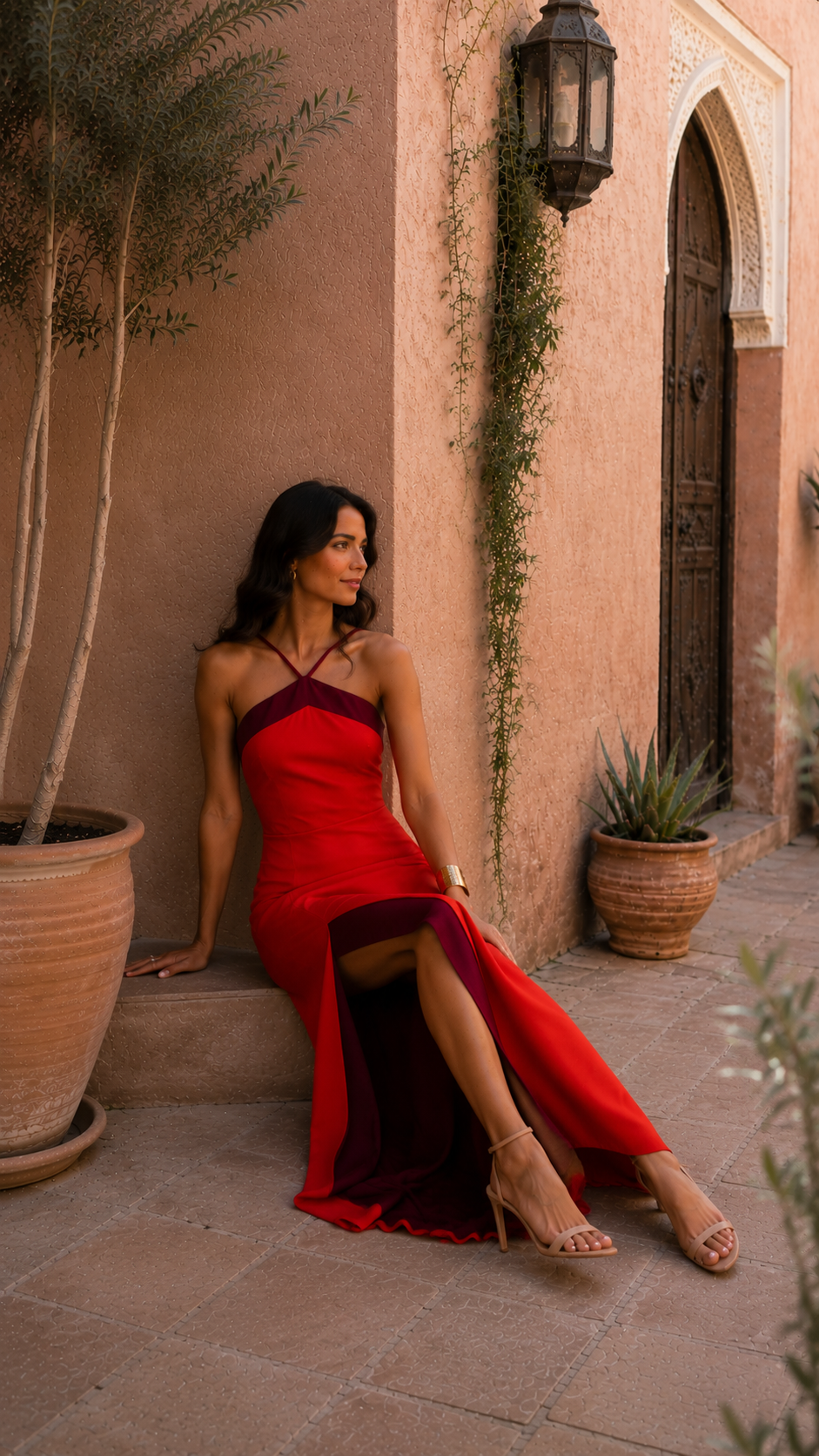 Halter Neck High Split Contrast Trim Maxi Dress 3