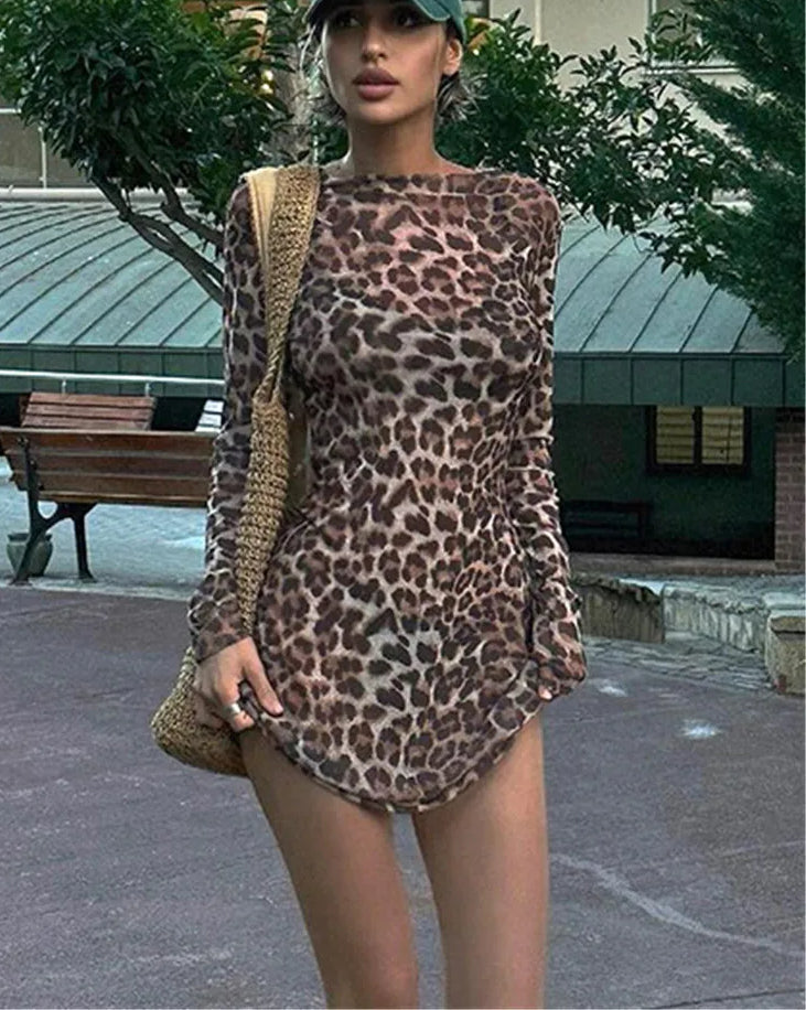 Leopard Two Piece Mesh See Through Mini Dress