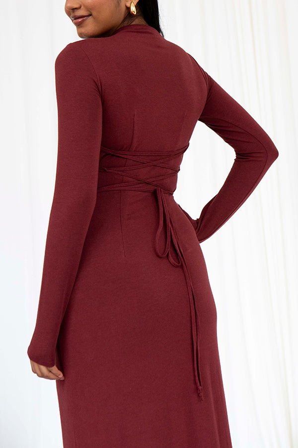 Venus Long Sleeve Ruched Side Slit Drape Ruffles Back Maxi Dress - View 11
