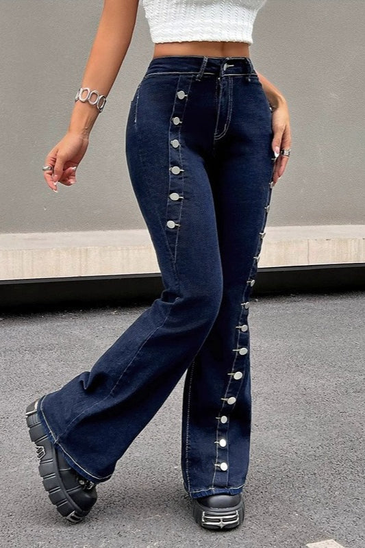 Button Front High Stretch Flare Floor Length Jeans