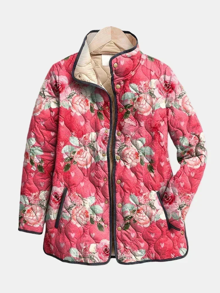 Floral Print Stand Collar Zip Front Quilted Jacket 3