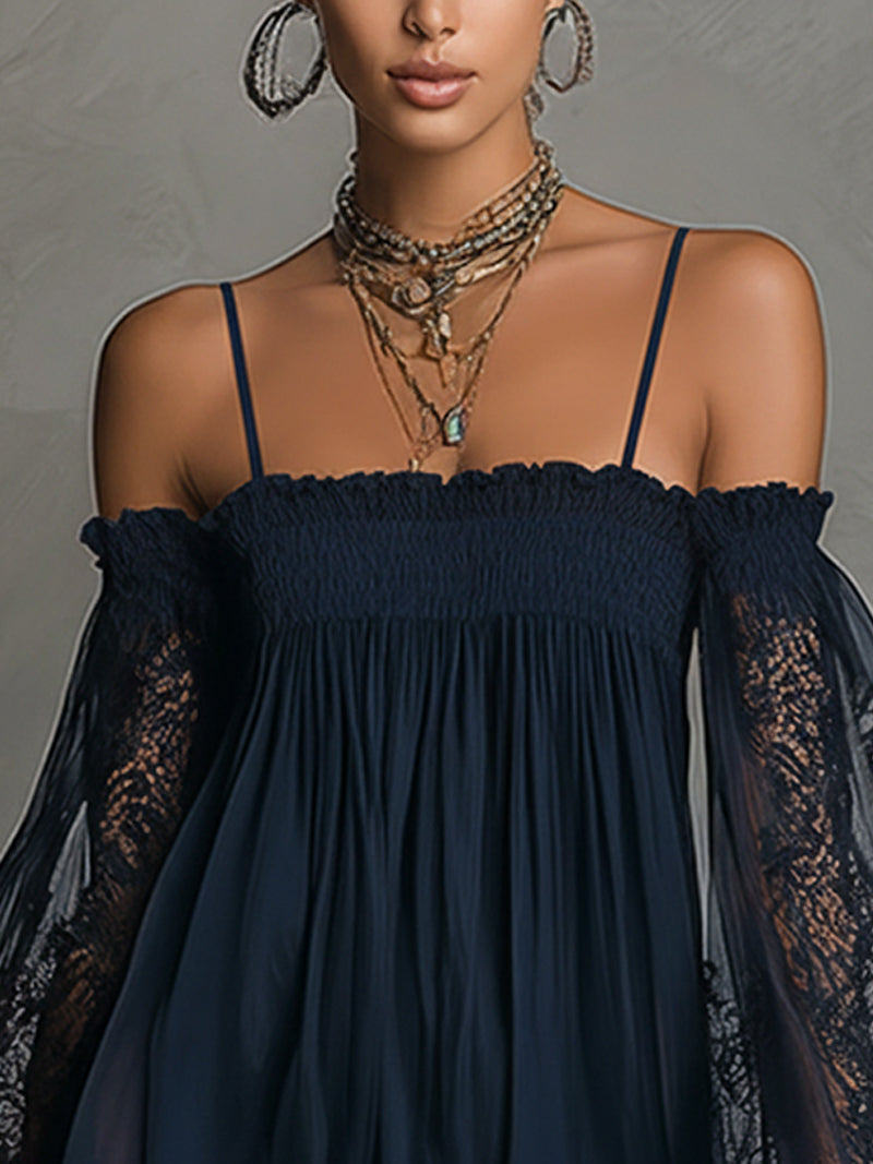 Off Shoulder Lace Bell Sleeve Smocked Mini Dress 8
