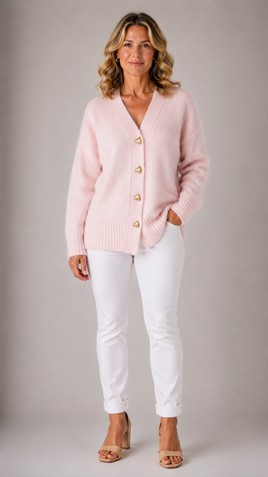 Heart Button V-Neck Oversized Knit Cardigan
