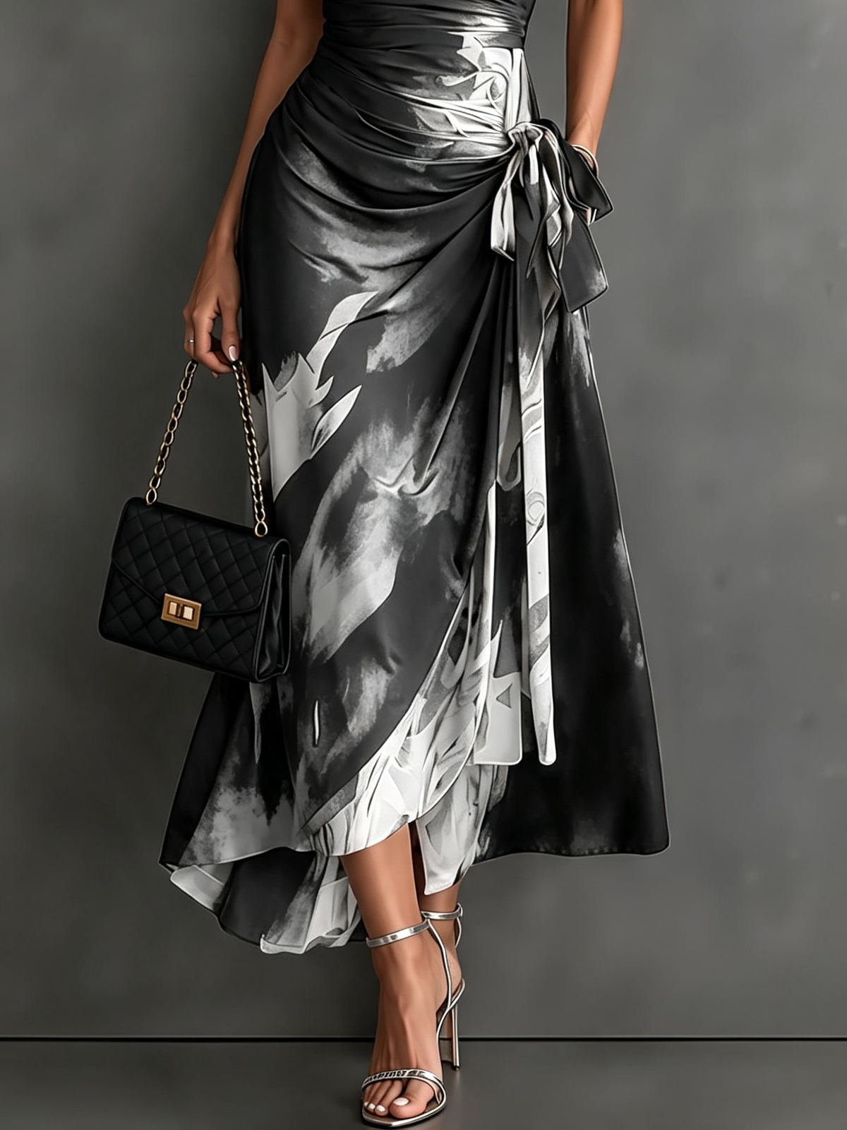 Abstract Print Collared Cap Sleeve Ruched Wrap Maxi Dress 16