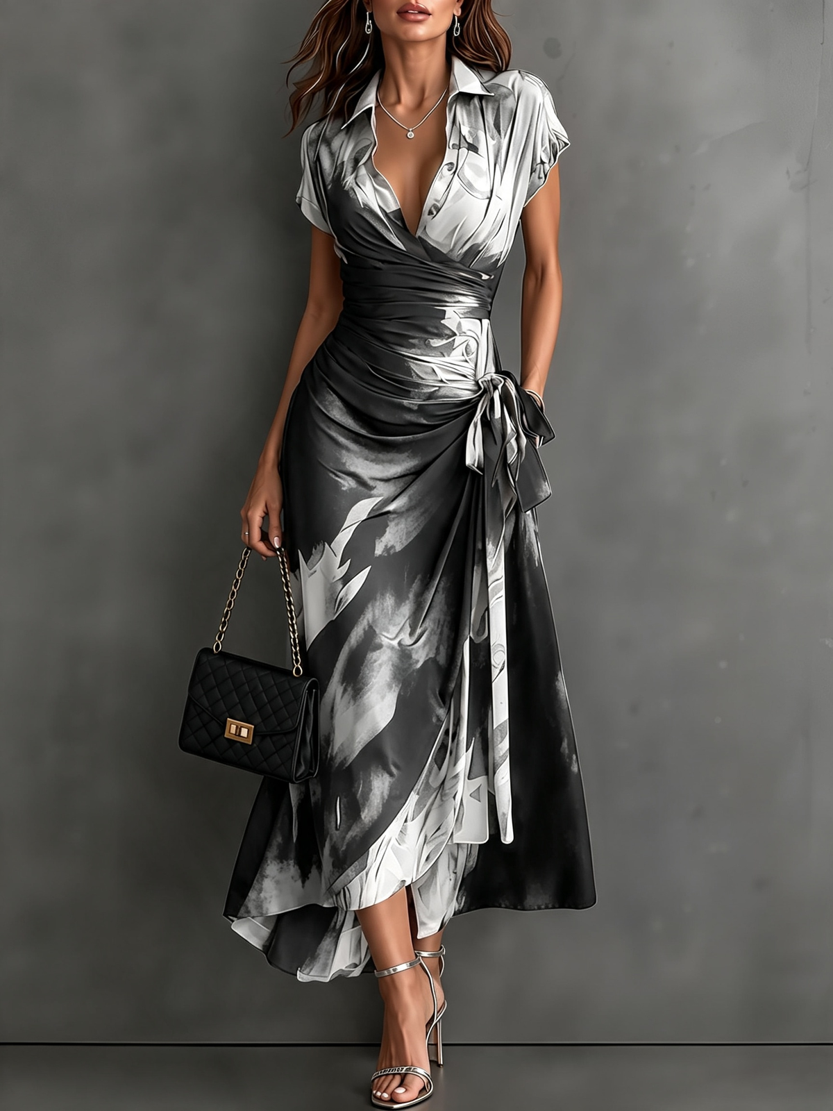 Abstract Print Collared Cap Sleeve Ruched Wrap Maxi Dress 14