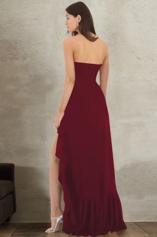 Strapless Ruffle High Slit High Low Maxi Dress - View 6