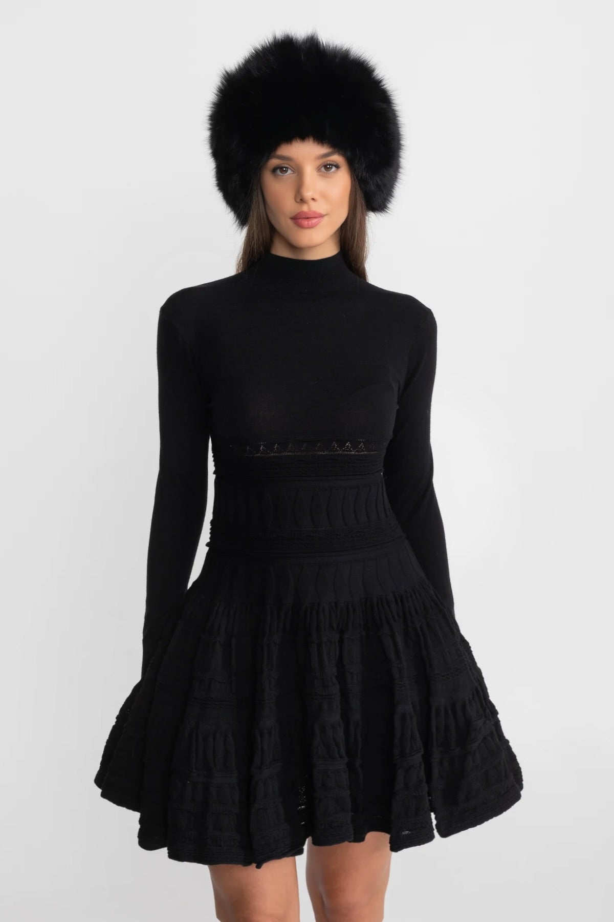 Textured Knit Mini Dress with Flared Skirt - Black - View 2