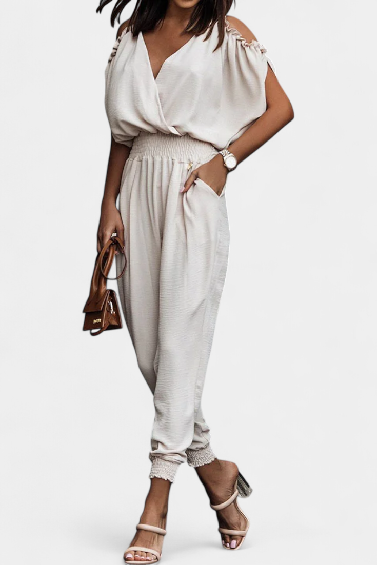 Cold Shoulder Wrap V-Neck Smocked Waist Tapered Jumpsuit
