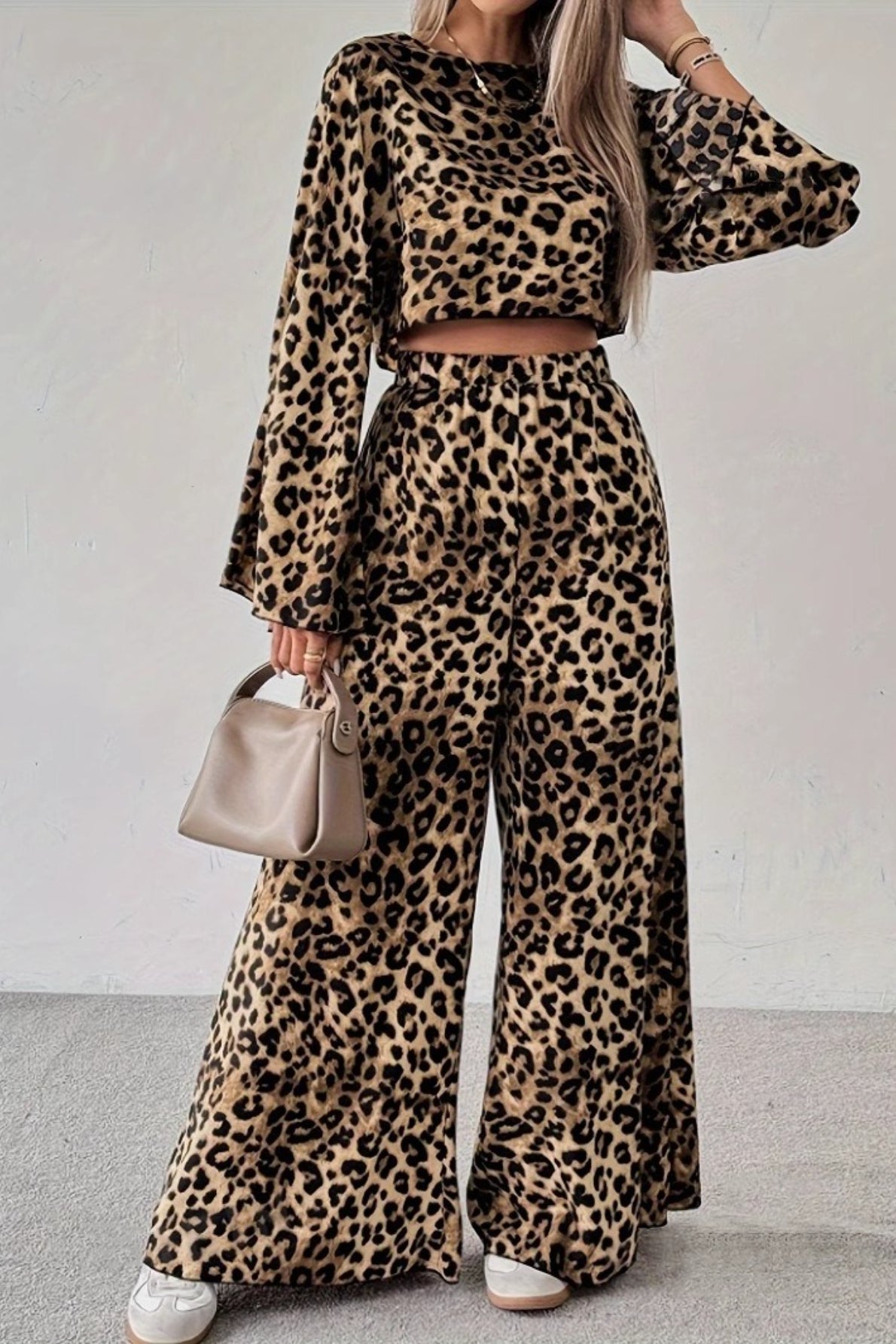 Leopard Print Loose Long Sleeve Pants Two Piece Set