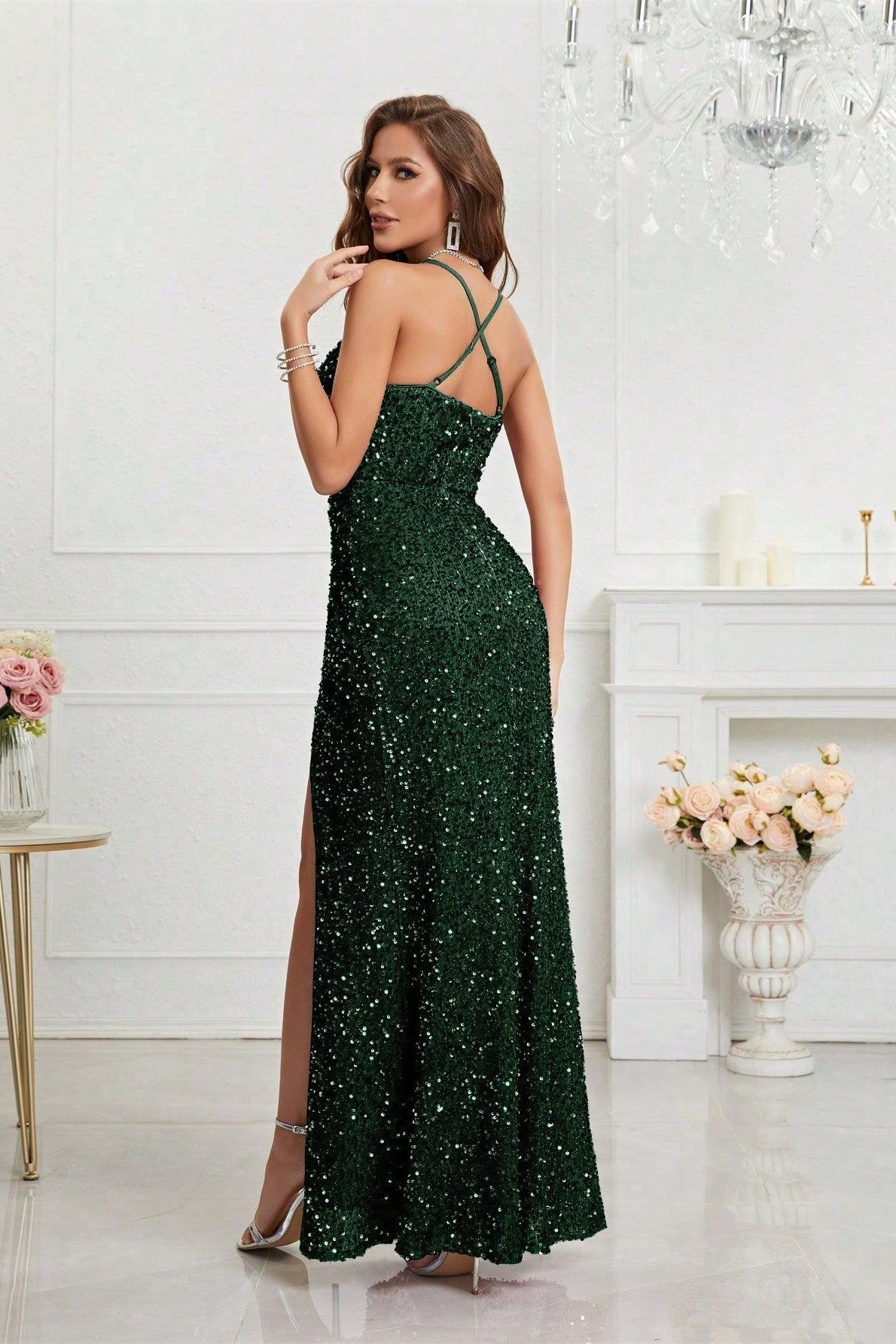 Sequin Spaghetti Strap Sweetheart High Split Ruched Bodycon Dress - View 13