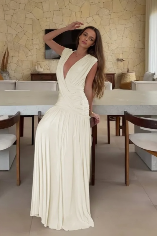 Satin Surplice Deep V-Neck Wide Strap Ruched Tiered Maxi Gown - View 6