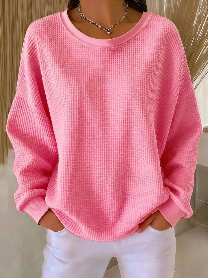Crew Neck Drop Shoulder Waffle Knit Oversized Sweatshirt
