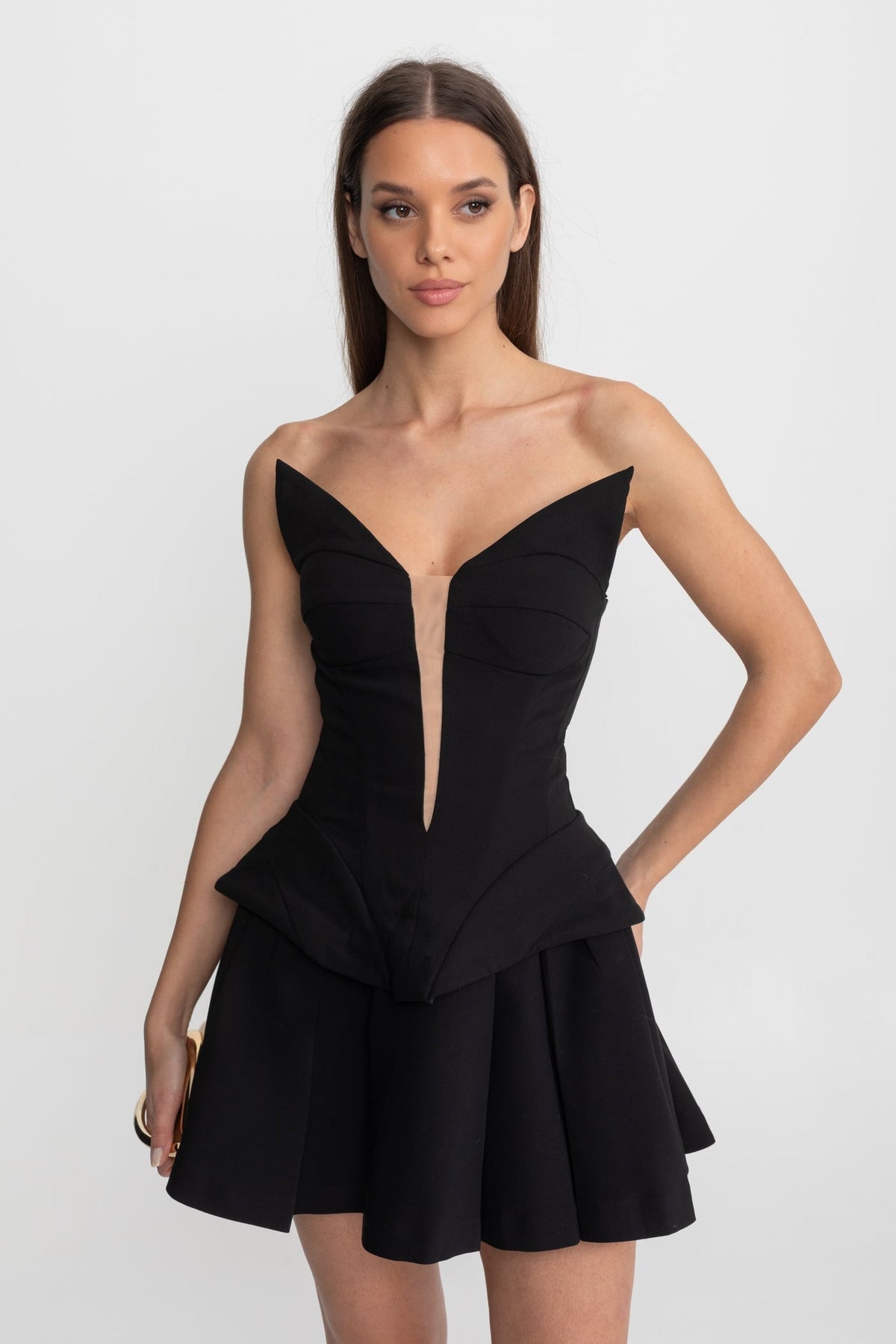 Strapless Mesh Insert Corset Peplum Pleated Mini Cocktail Dress - View 3