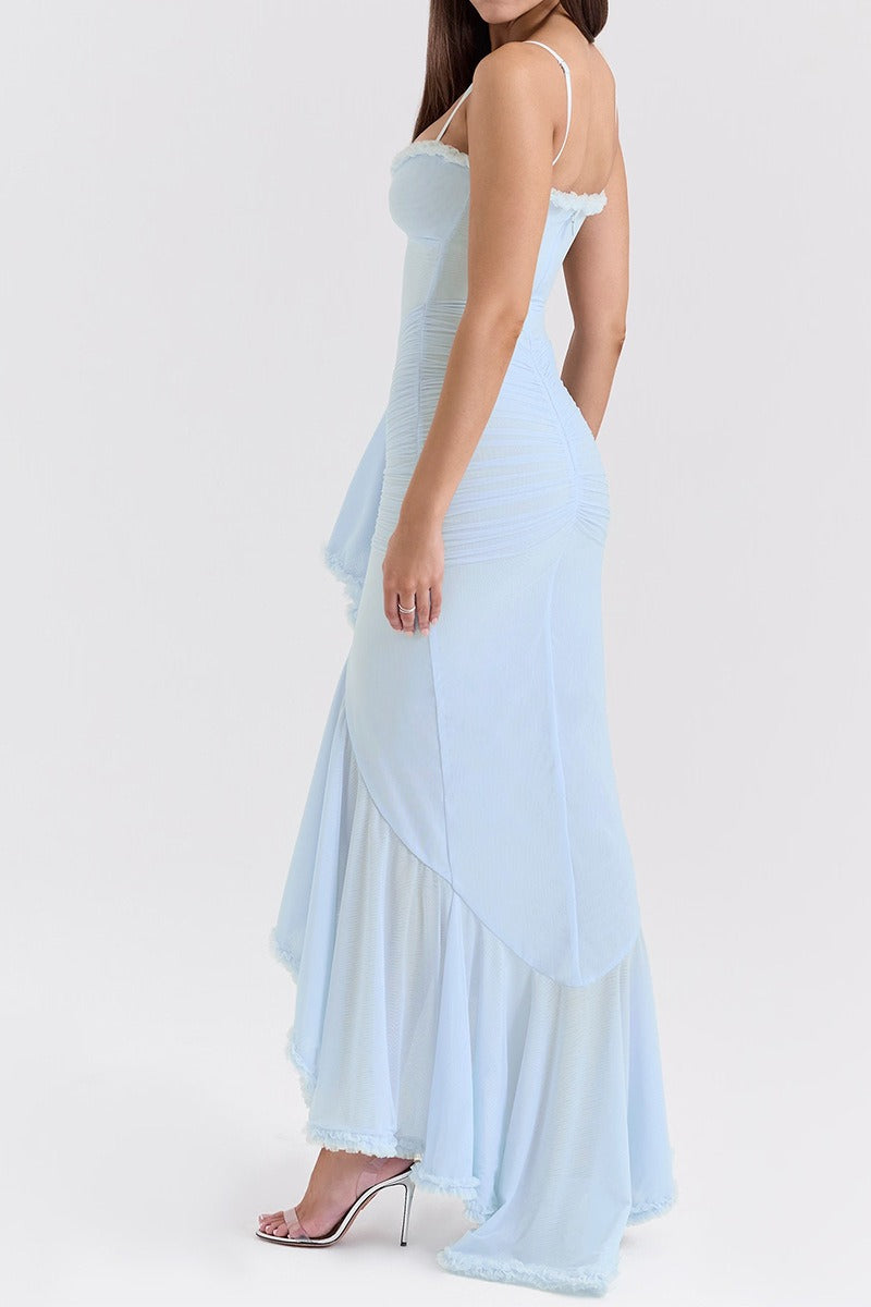 Spaghetti Strap Ruffle Trim High Low Asymmetrical Mini Party Dress - View 19