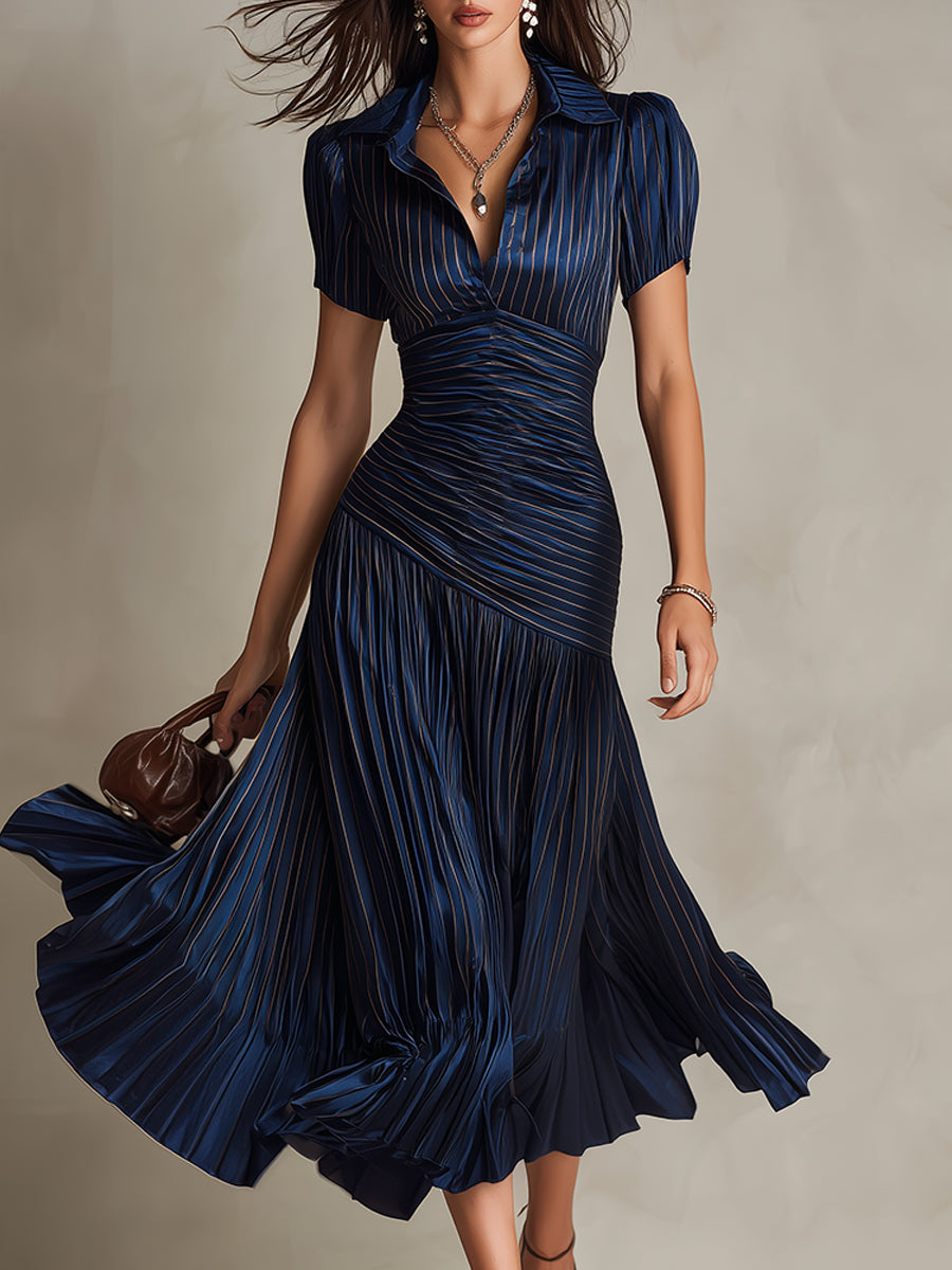 Striped Satin Collared Short Sleeve Ruched Pleated Fishtail Midi Dress