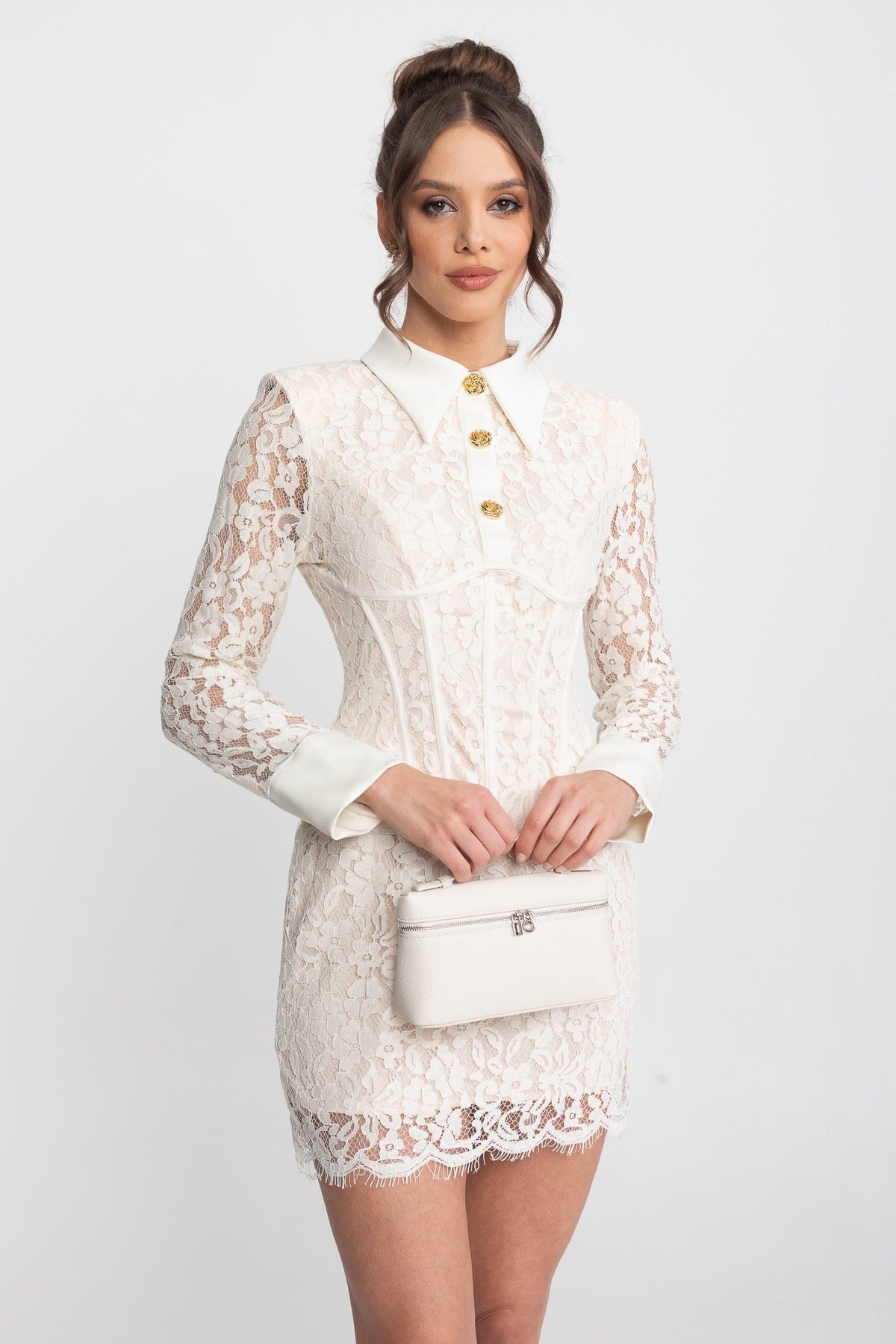 Long Sleeved Lace Mini Dress With Scallop Hem - Ivoire - View 2
