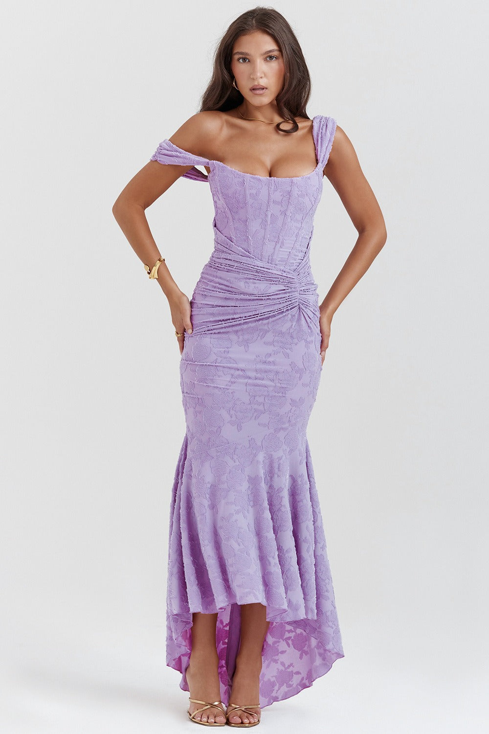 Jacquard Square Neck Corset Ruched Mermaid Gown - View 18