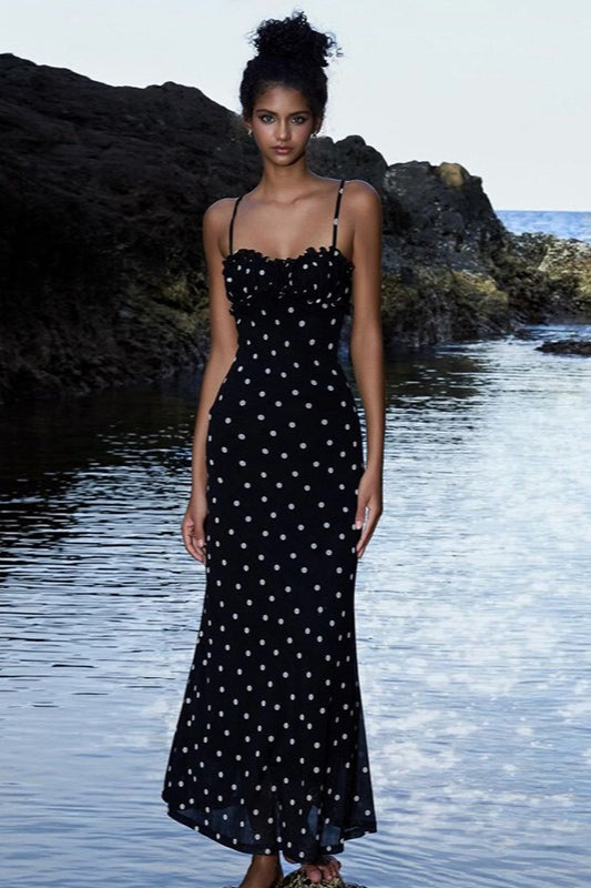 Polka Dot Spaghetti Strap Sweetheart Bustier Maxi Dress