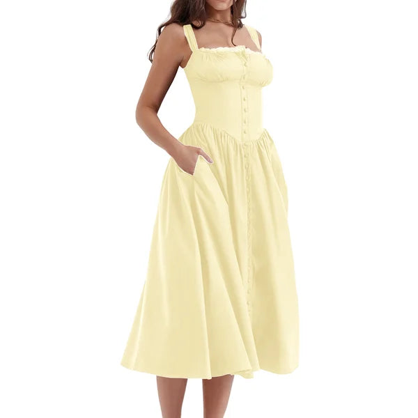 Lace Trim Square Neck Corset Button Front Basque Waist Midi Dress - View 5
