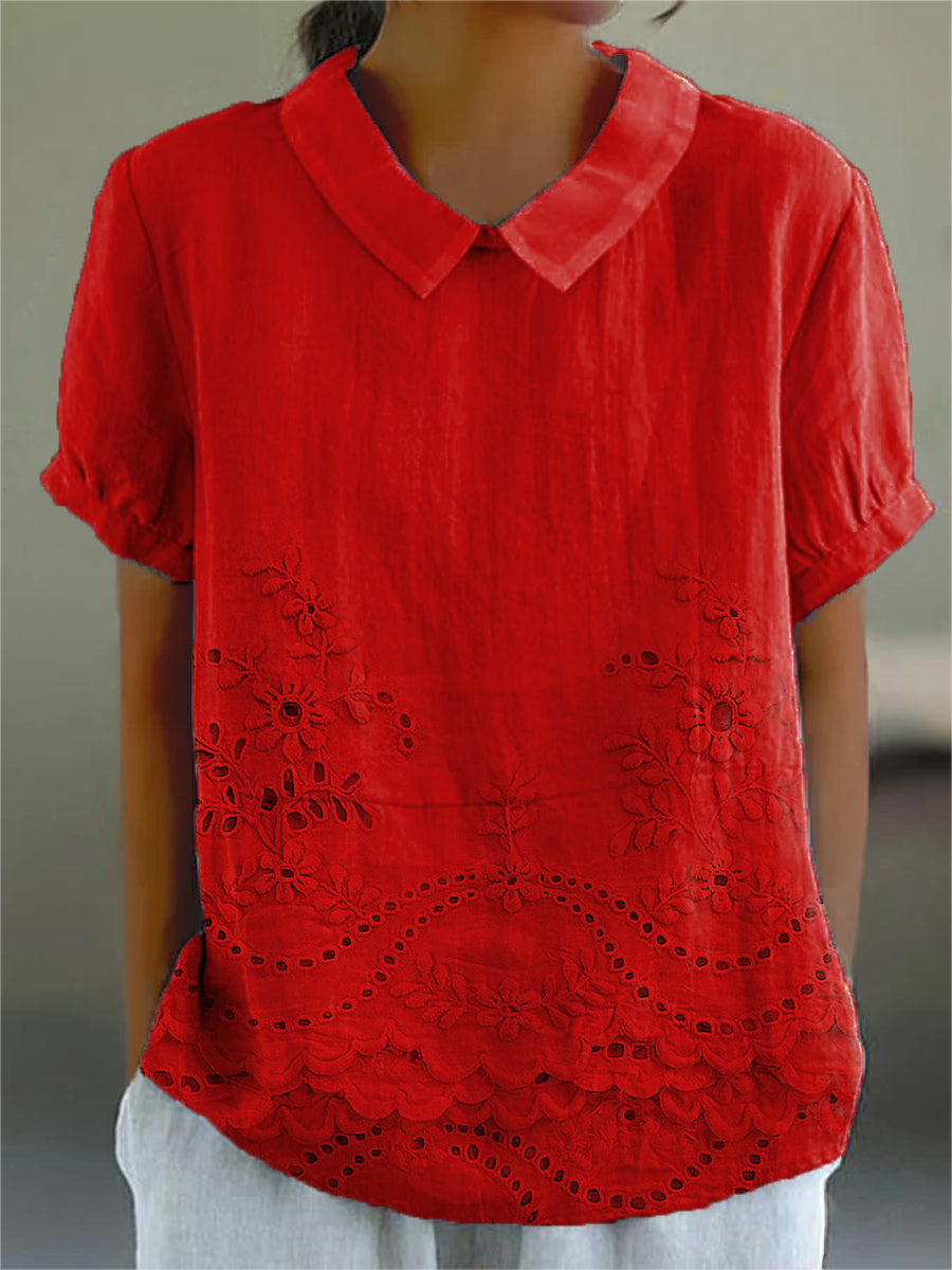 Collared Short Sleeve Eyelet Embroidered Scalloped Hem Blouse 8