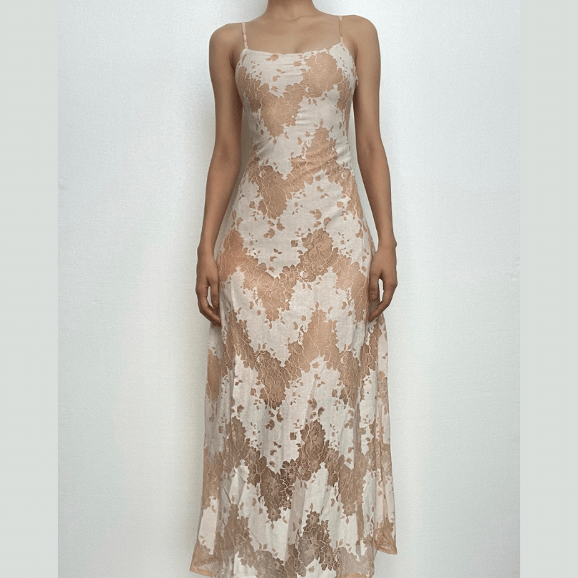 Lace u neck zip-up backless self tie cami midi dress - View 2
