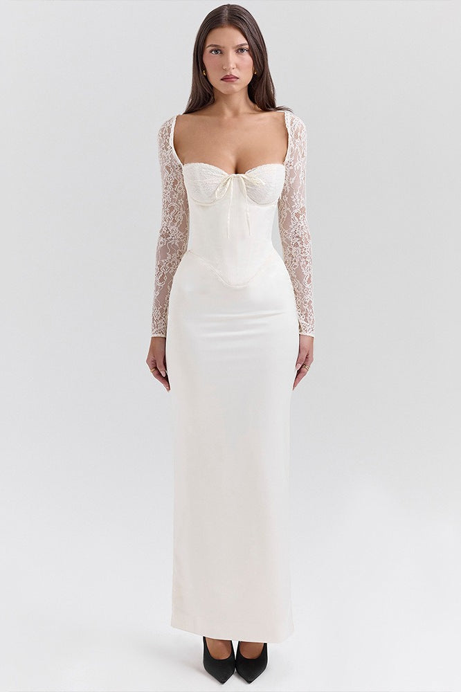 Long Sleeve Lace Satin Maxi Dress - View 3