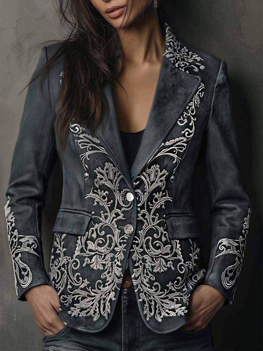 Floral Embossed Suede Look Single Button Blazer 7