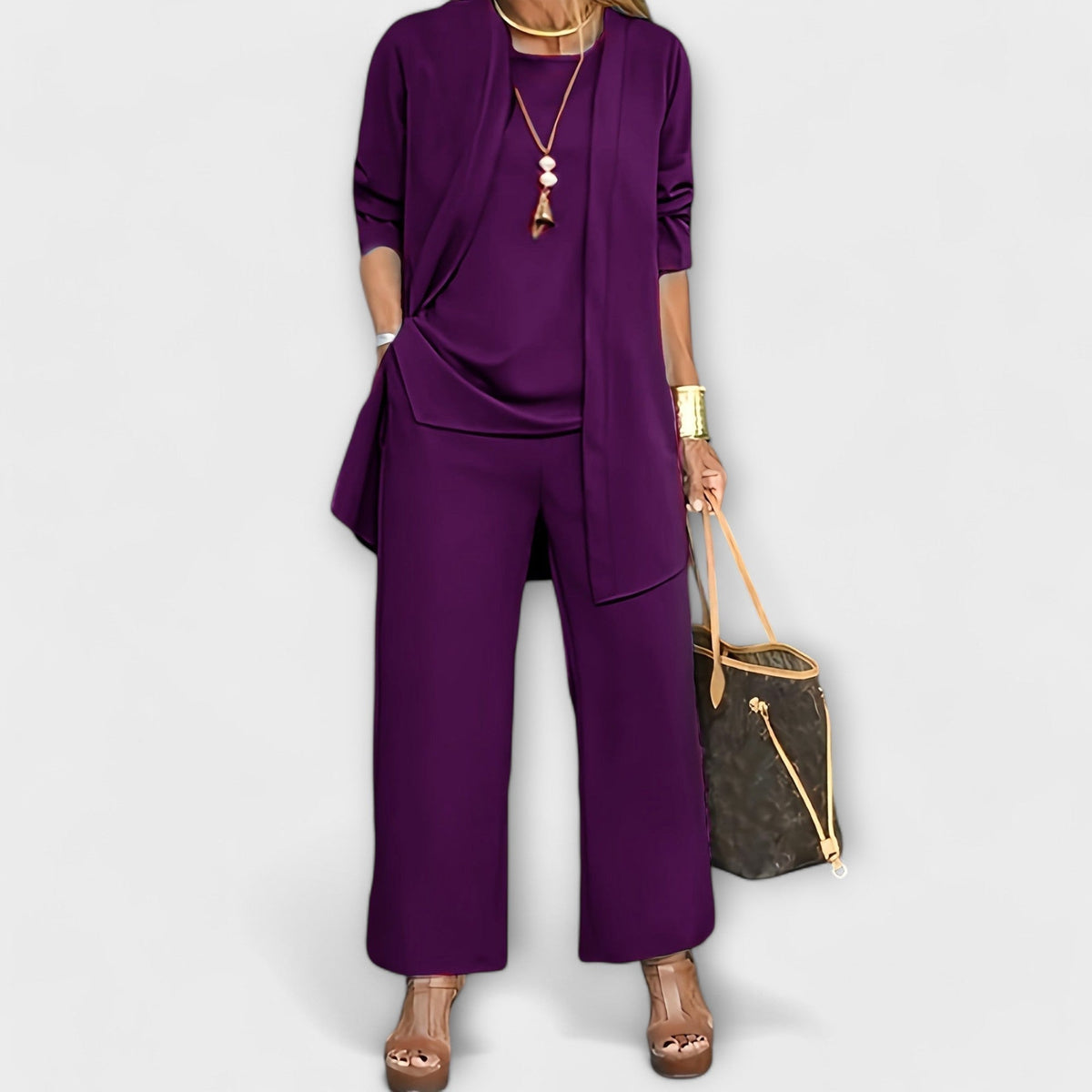 Longline Duster Cardigan Top and Wide Leg Pants Three Piece Set 9