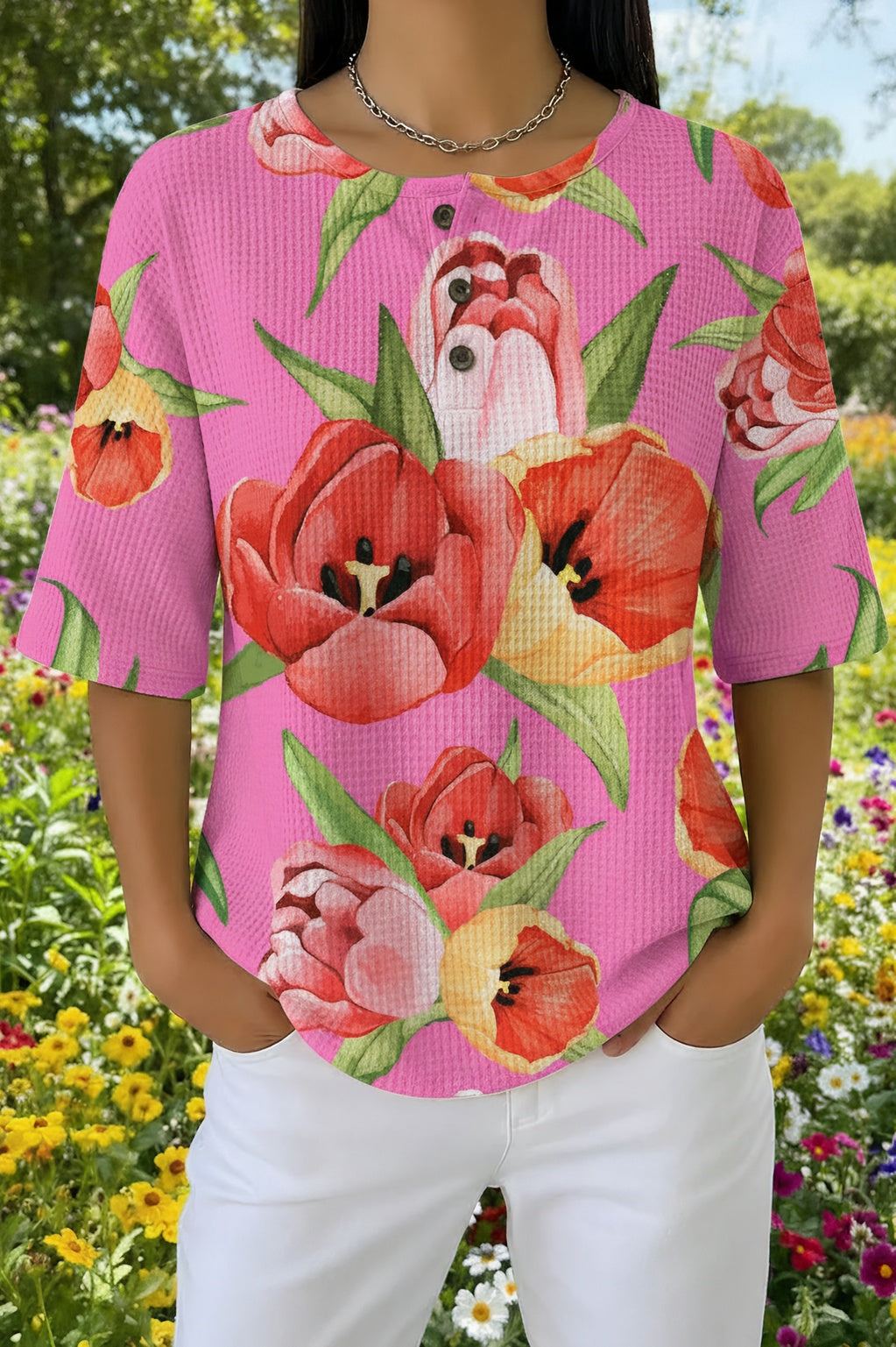 Tulip Floral Print Henley Neck Short Sleeve Waffle Knit Top