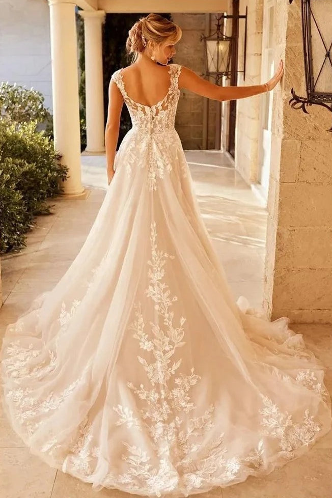 Lace Deep V-Neck Mesh Illusion Cap Sleeve Tulle A-Line Wedding Gown - View 2