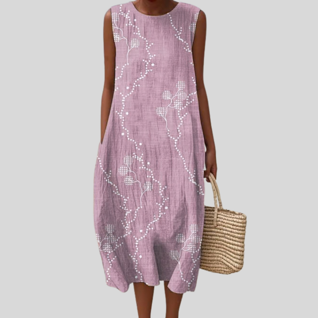 Round Neck Sleeveless Floral Dot Midi Dress