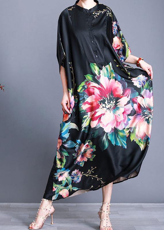 Floral Print Stand Collar Batwing Sleeve Oversized Kaftan Maxi Dress - View 2