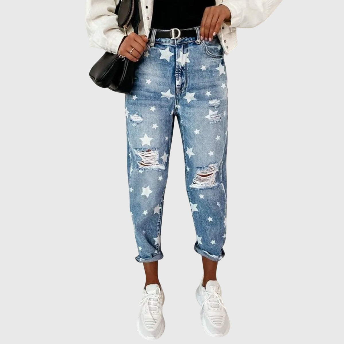 Star Print High Waist Ripped Tapered Jeans