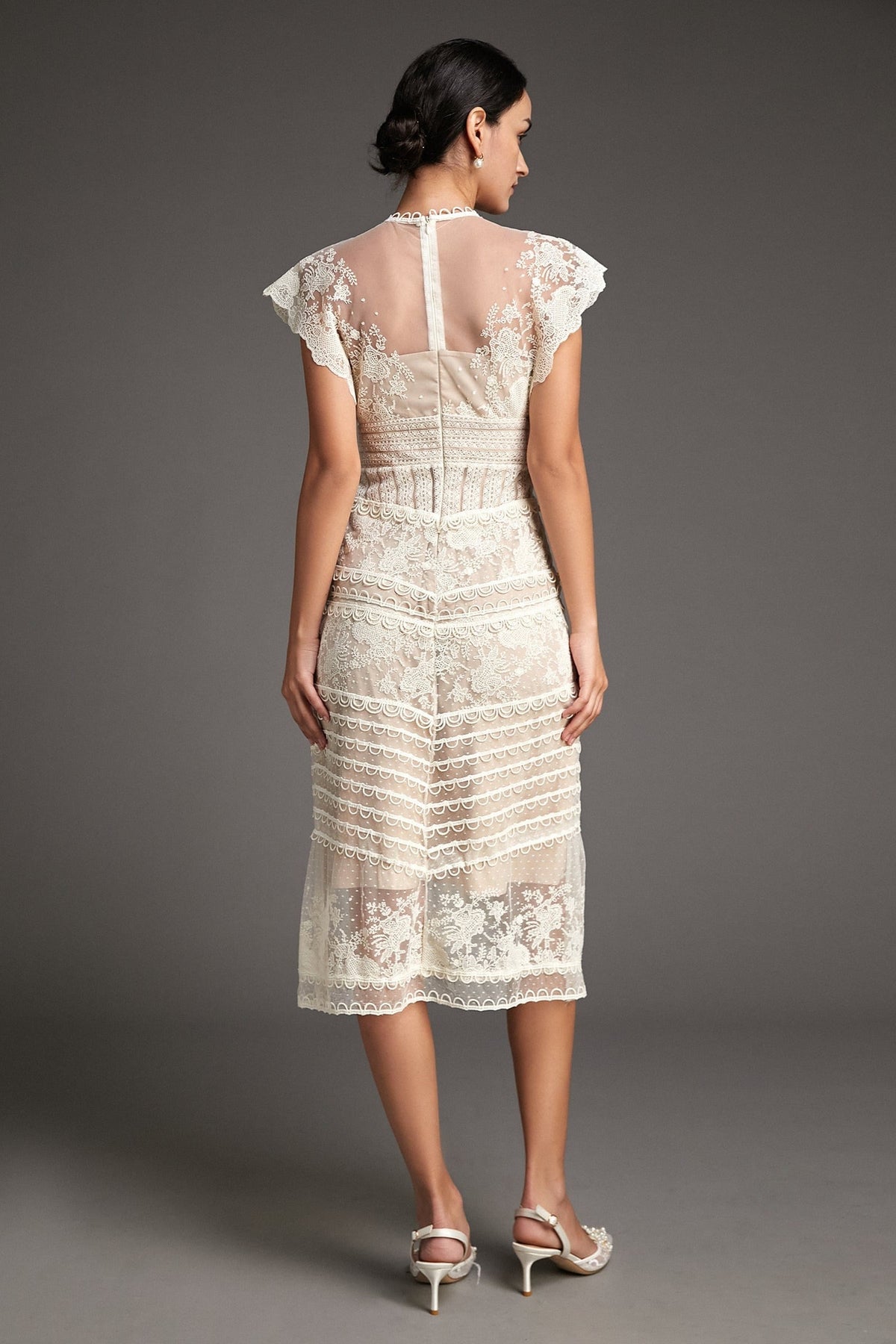 Floral Embroidered Mesh Cap Sleeve Midi Dress in Beige - View 4