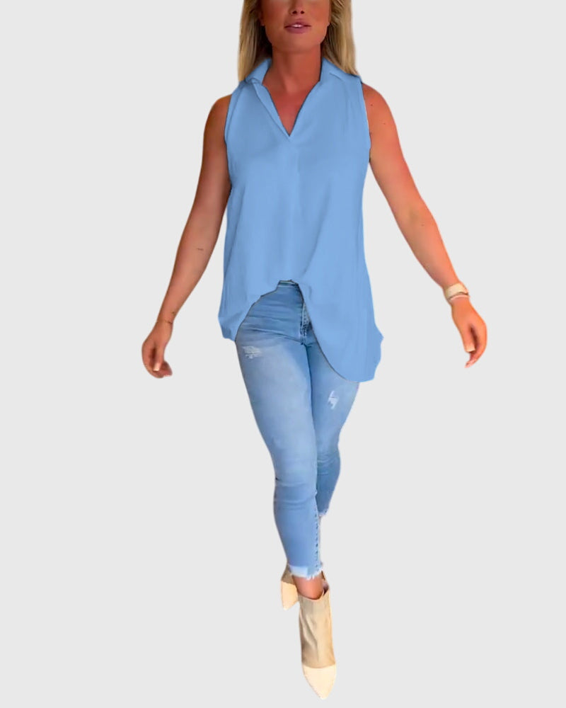 Collared Sleeveless High Low Blouse 9
